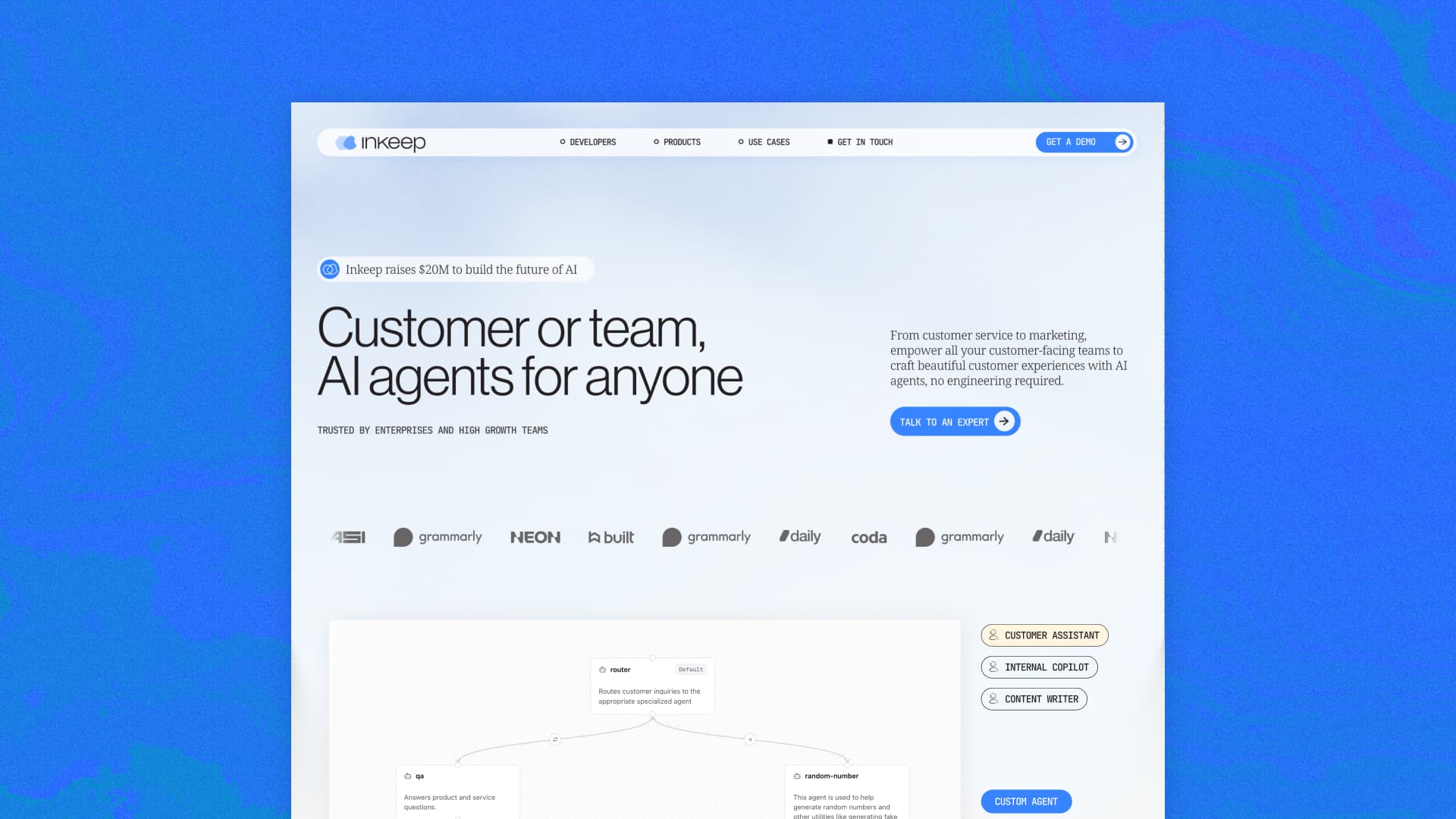 The Inkeep marketing site homepage, headline “Customer or team, AI agents for anyone”