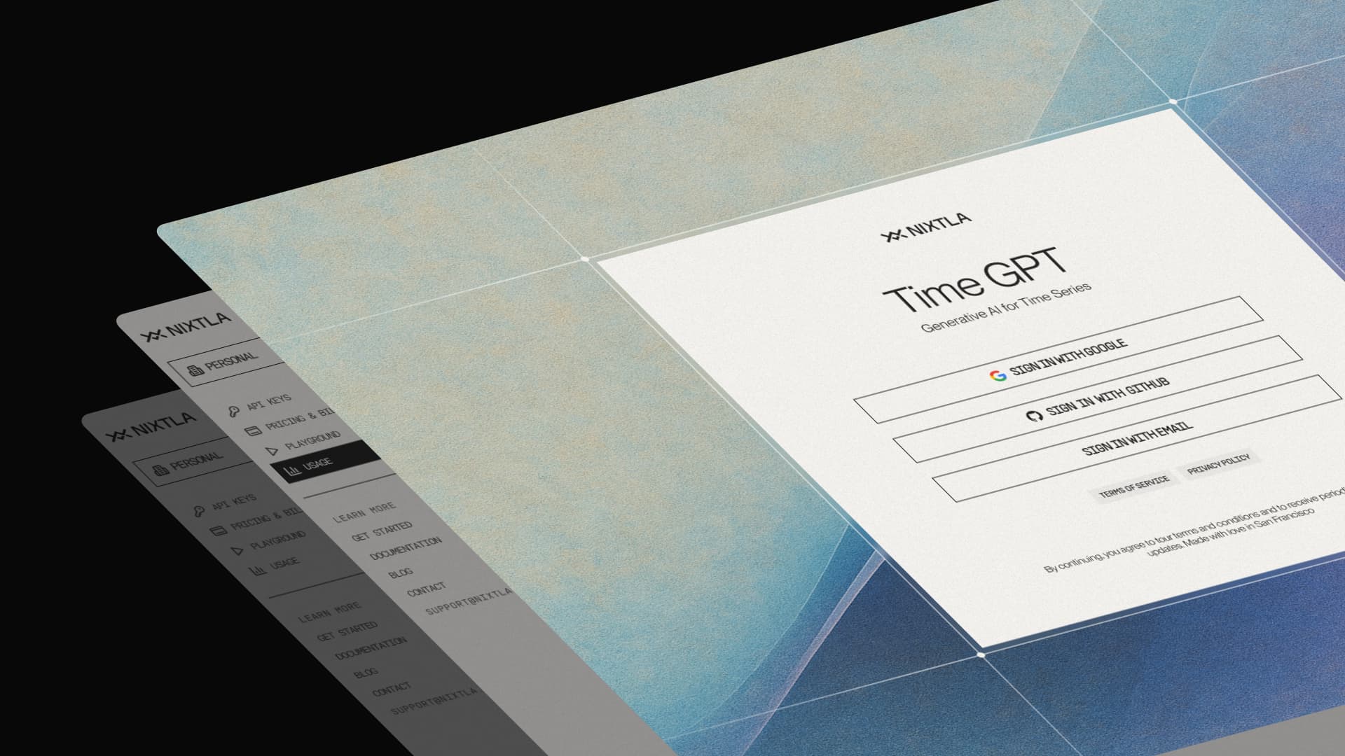 Nixtla TimeGPT product screens shown in perspective