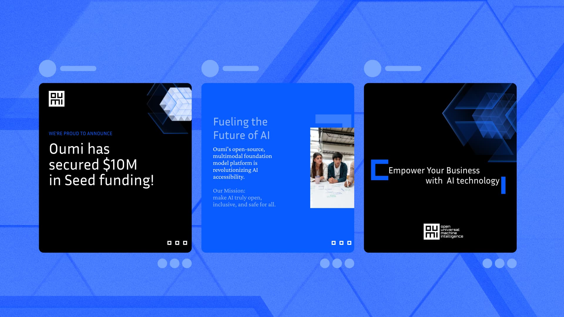 Three Oumi social ad frames announcing a $10M seed round