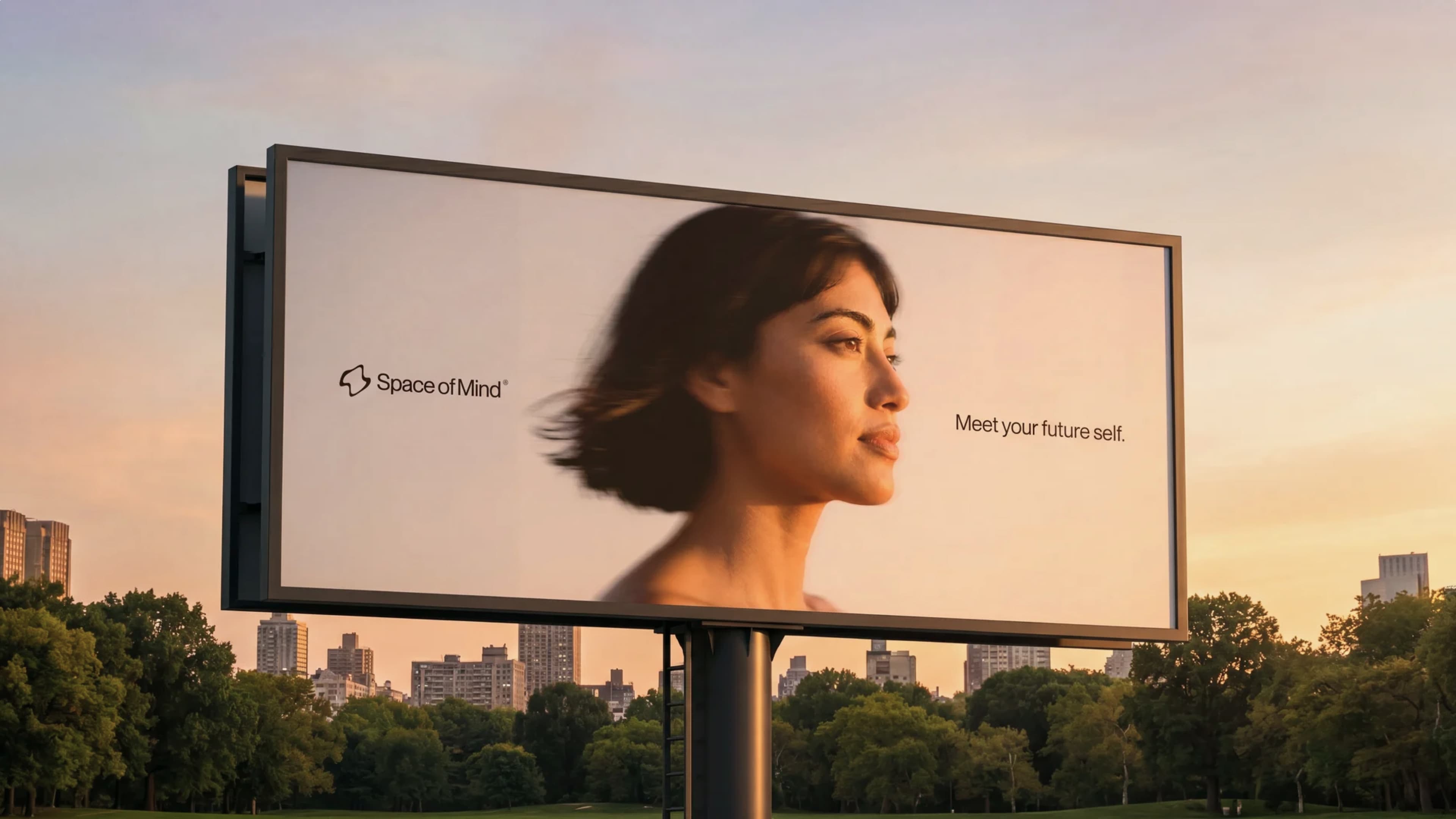 A Space of Mind billboard reading “Meet your future self” against a city skyline at sunset